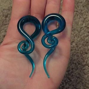 COPY - 0g Teal Glass spiral earrings